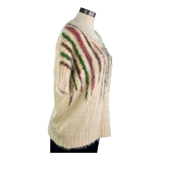 Dex Women sz S Fuzzy Hairy Shirt Chunky Light Brown Multicolor Neckline - Picture 3 of 10